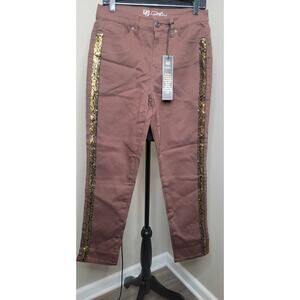 Diane Gilman Brown Straight Leg Pants with Gold Sequin Stripe Detail, sz 10 NWT